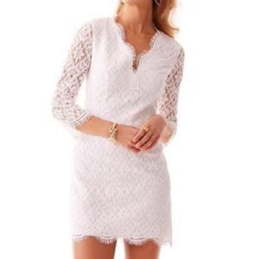 Lilly Pulitzer Meryl Dress White Lace 3/4 Sleeve V Neck Resort Wedding Dress